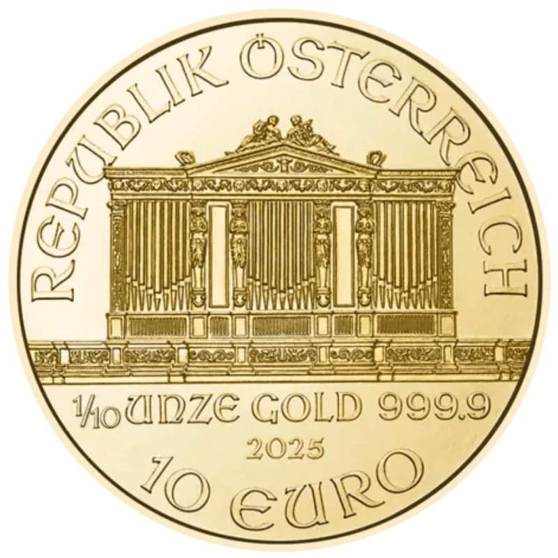 Złota moneta 1/10 uncji Wiedeński Filharmonik 2025 r Złota moneta 1/10 uncji Wiedeński Filharmonik 2025 r