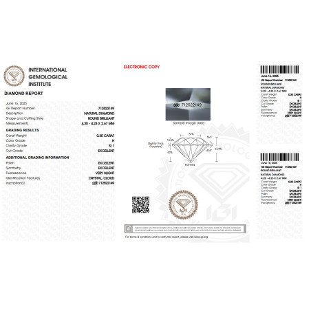 Diament Naturalny Brylant 0,30 ct H SI1 IGI 712522149