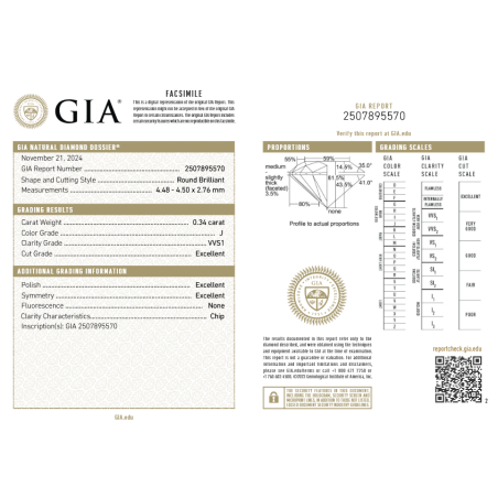 Diament Naturalny Brylant 0.34 ct J VVS1 GIA